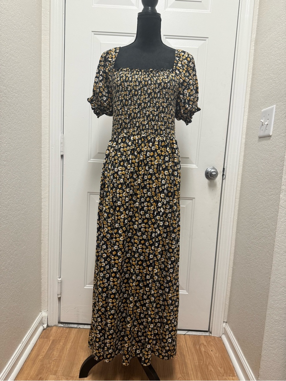 Vibe Black Floral Smocked Maxi Dress with Mustard Accents